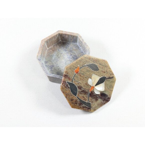 Vintage marble inlaid trinket box, octagonal alabaster green brown stone box, - Picture 2 of 8